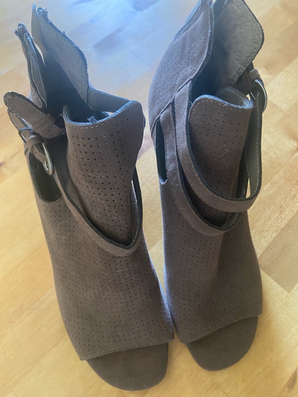 Sonoma Brown Suede Peep-Toe Ankle Heels with Perforated Detail